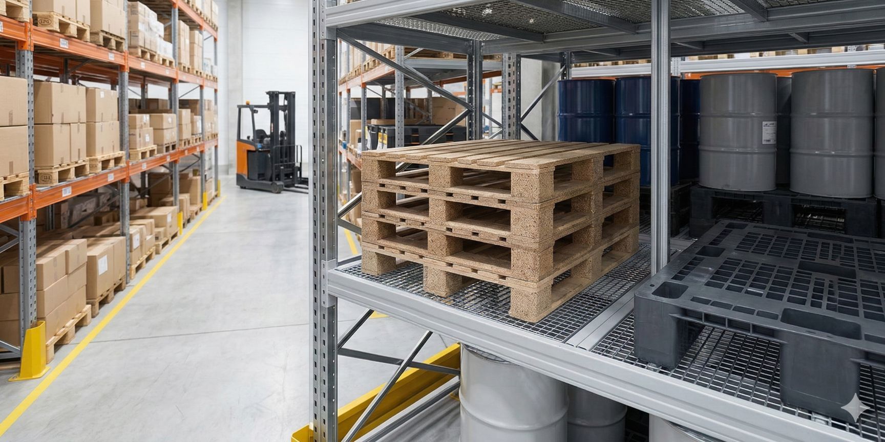 Modern logistics property with high-bay warehouse, in which various disposable pallets (wood, Inca pressed wood, plastic) are stored on gratings to demonstrate load distribution and shelf statics.
